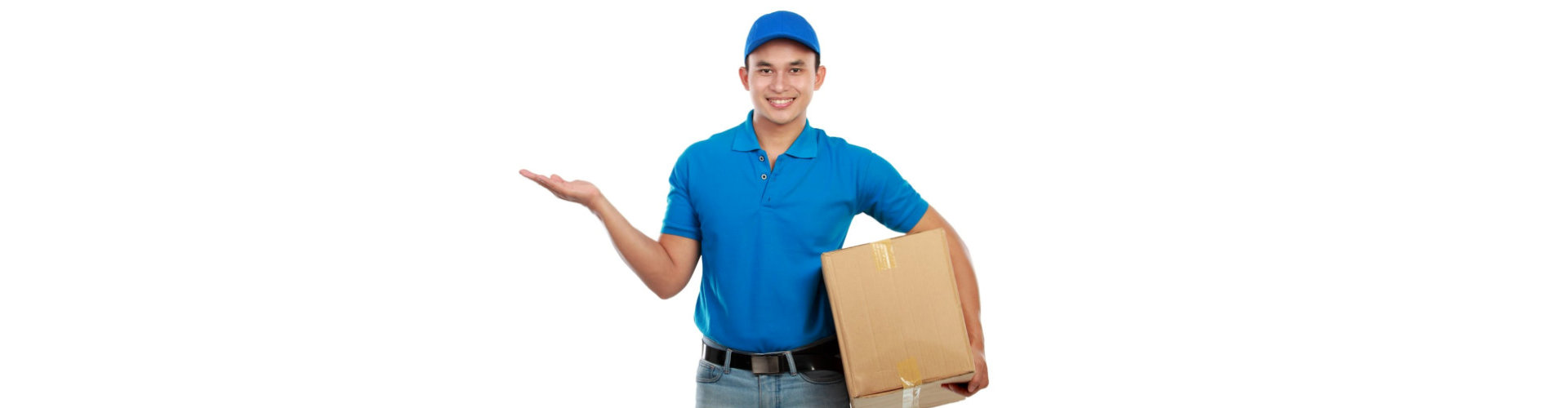 portrait of smiling delivery man with package on white background